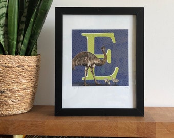 E staat voor Emu - Birds of PEACE Art Print Collection from An Alphabet of Birds - unframed.
