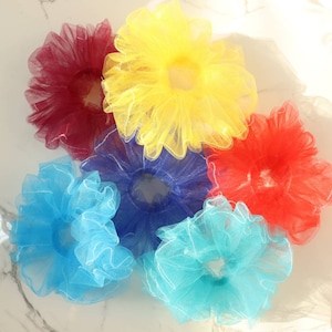 Tulle Scrunchies | Mix and Match | 6 Bright Solid Colors | Sheer | Contrasting Stitch Color | Homemade