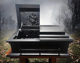 Handmade Wood Pet Casket: Black Velvet Bed, Split Lid