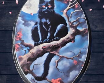Black cat in cherry blossoms tree plaque