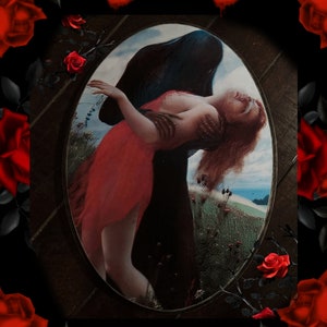 May include: A vintage painting in a dark wood frame depicts a woman in a red dress being held by a shadowy figure. The woman's hair is long and flowing, and her expression is one of fear or sadness. The background is a field of green grass and blue sky.