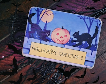 Cartel de caja de saludos de halloween vintage