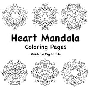 以下が含まれることがあります： 白黒のハートマンダラ塗り絵6枚。ページの上部に「Heart Mandala Coloring Pages」というタイトルがあります。タイトルの下に「Printable Digital File」というテキストがあります。