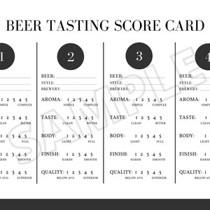 May include: A black and white printable beer tasting scorecard with four sections. Each section has a number from 1 to 4, and includes fields for beer name, style, brewery, aroma, taste, body, finish, and quality. Each field has a scale of 1 to 5.