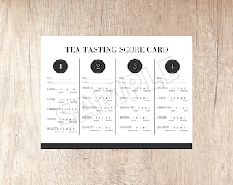 May include: A white tea tasting score card with black text. The card is divided into four sections, each with fields for tea style, aroma, taste, strength, finish, and quality. The text "TEA TASTING SCORE CARD" is at the top.