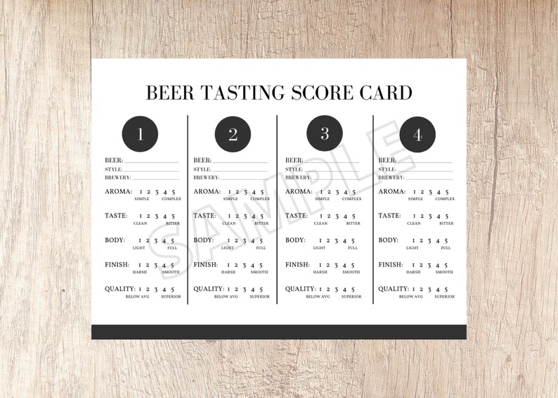 May include: A black and white printable beer tasting scorecard with four sections. Each section has a space to write the beer name, style, and brewery. The sections also have a rating scale for aroma, taste, body, finish, and quality.