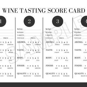 May include: A black and white wine tasting score card with four sections. Each section has a number from 1 to 4, and includes categories for wine, winery, variety, vintage, price, aroma, taste, body, finish, and quality. Each category has a scale of 1 to 5.