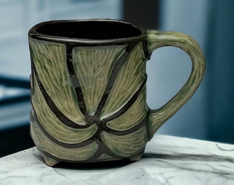 Handmade Carved Pottery Coffee Mug