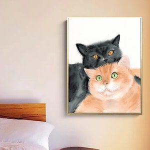 Black and Ginger Cats Watercolor Painting, Original Watercolour Art Print