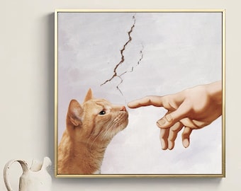 The Creation of Adam and Cat, Original Oil Painting Cat Portrait Poster, Unique Gifts
