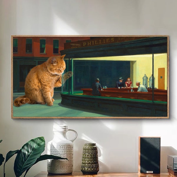 Nighthawks and Nightcat, Living Room Digital Print, Cat Portrait, Animal Print, Vintage Wall Art, Unique Gift