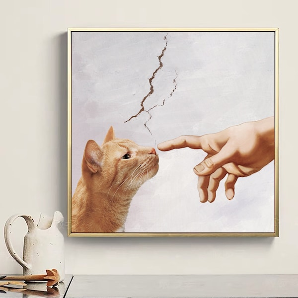 The Creation of Adam and Cat, Original Oil Painting Cat Portrait Poster, Unique Gifts