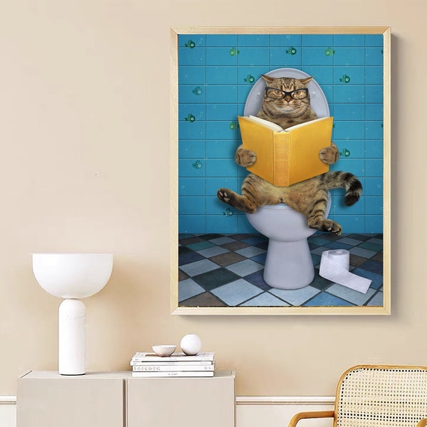 Cat Reading In The Bathroom Art Print Poster, Bathroom Decor, Unique Gifts, Living Room Digital Print, Cat Portrait, Animal Print,