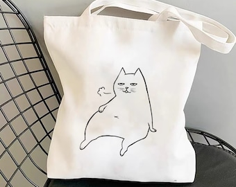 Cute Lazy Cat Tote Bag, Premium Quality Canvas Shopping Bag With An Interior Pocket, Eco Friendly