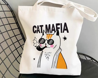 Cat Mafia Tote Bag, sac à provisions en toile de qualité supérieure avec une poche intérieure, respectueux de l’environnement