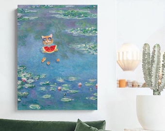 Claude Monet, Cat Bathing In The Pond Of Water Lillies, Oil Painting Poster Print, Gifts Ideas