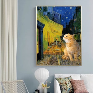 Cafe Terrace At Night With A Cat, Vincent Van Gogh, Cat Portrait Print , Vintage Wall Art, Unique Gifts, living room digital print