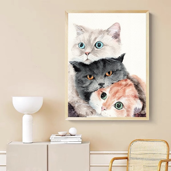 Three Cat Watercolor Painting, Original Watercolour Art Print