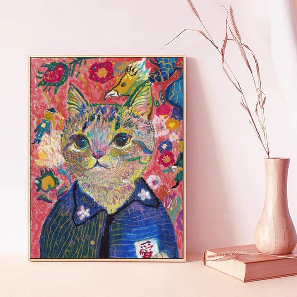 Spring Flower And Cat, Original Oil Painting Cat Portrait Print , Poster, Vintage Wall Art, Unique Gift