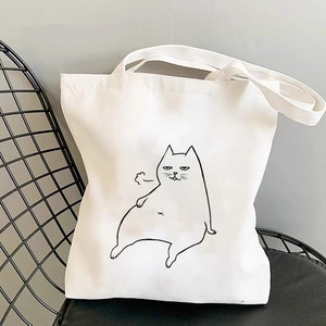 Cute Lazy Cat Tote Bag, Premium Quality Canvas Shopping Bag With An Interior Pocket, Eco Friendly
