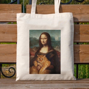 Mona Lisa And Cat Tote Bag, Premium Quality Canvas Shopping Bag With An Interior Pocket, Eco Friendly