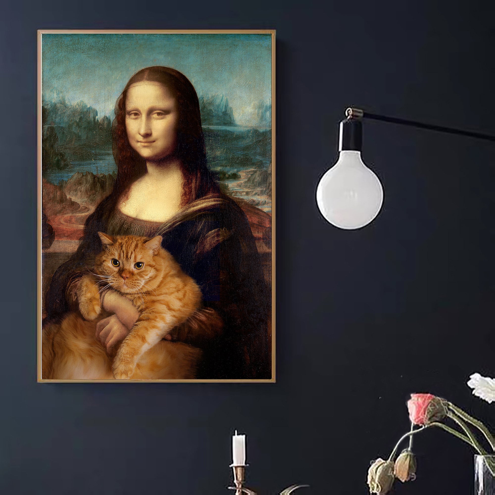 Mona Lisa and Cat Prints, Living Room Digital Print, Cat Portrait