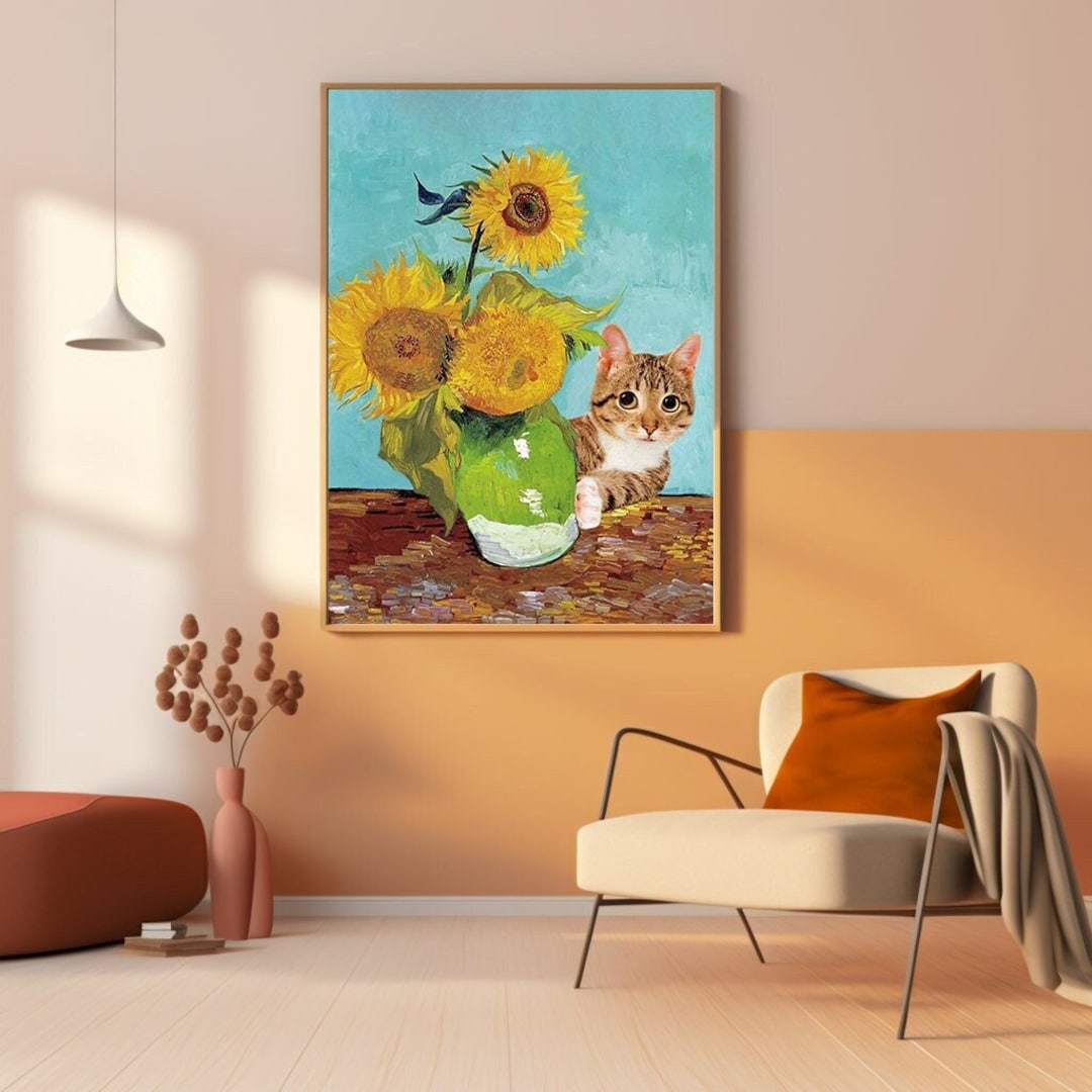 Sunflowers and Cat Wall Art, Vincent Van Gogh, Art Prints, Cat Portrait