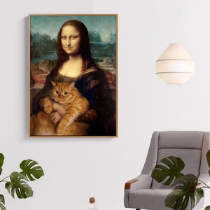 Mona Lisa et impressions de chat, impression numérique de salon, portrait de chat, impression d'animal, art mural vintage, cadeau unique image 3