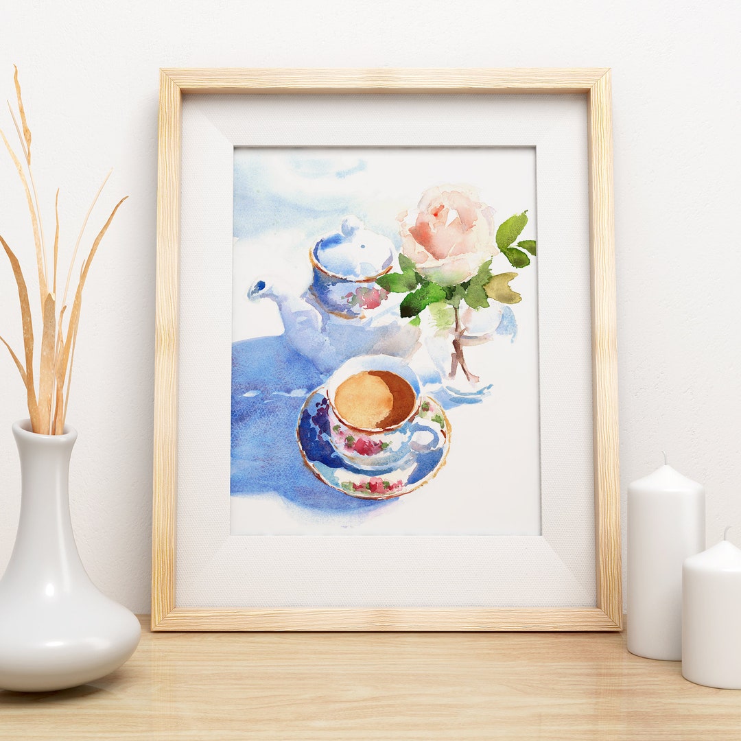 Afternoon Tea and Rose Watercolor Painting, Original Watercolour Art ...