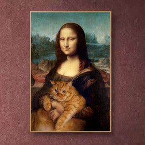 Mona Lisa and Cat Prints, Living Room Digital Print, Cat Portrait, Animal Print, Vintage Wall Art, Unique Gift