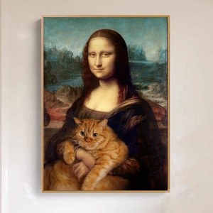 Mona Lisa et impressions de chat, impression numérique de salon, portrait de chat, impression d'animal, art mural vintage, cadeau unique image 5