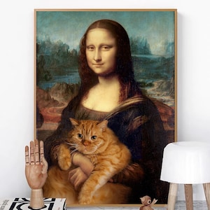 Mona Lisa et impressions de chat, impression numérique de salon, portrait de chat, impression d'animal, art mural vintage, cadeau unique image 2