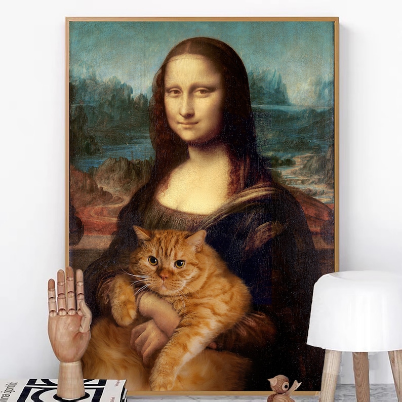 Mona Lisa et impressions de chat, impression numérique de salon, portrait de chat, impression d'animal, art mural vintage, cadeau unique image 2