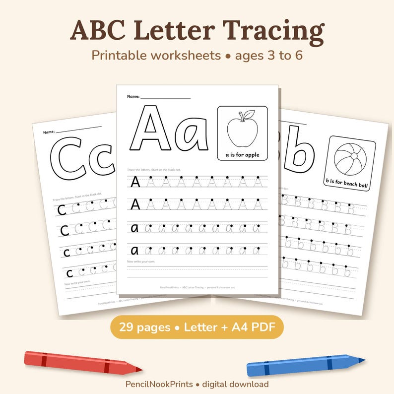 ABC Letter Tracing Worksheets Printable, Alphabet Handwriting Practice ...