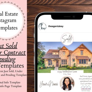 Könnte beinhalten: Ein Handy-Bildschirm-Mockup, das eine Instagram-Vorlage für Immobilien zeigt. Die Vorlage enthält ein Foto eines Hauses, den Text "Verkauft!" in einem rosa Kreis und die Kontaktdaten des Maklers. Der Text "theagentskey" befindet sich oben auf der Vorlage.