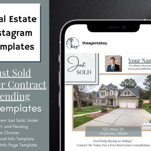 Könnte beinhalten: Der Bildschirm eines Mobiltelefons zeigt eine Instagram-Vorlage für Immobilien. Die Vorlage zeigt ein Foto eines Hauses, die Adresse "123 Main St. Anytown, State" und den Text "Just Sold". Die Vorlage enthält auch ein Porträtbild eines Immobilienmaklers und dessen Kontaktinformationen.