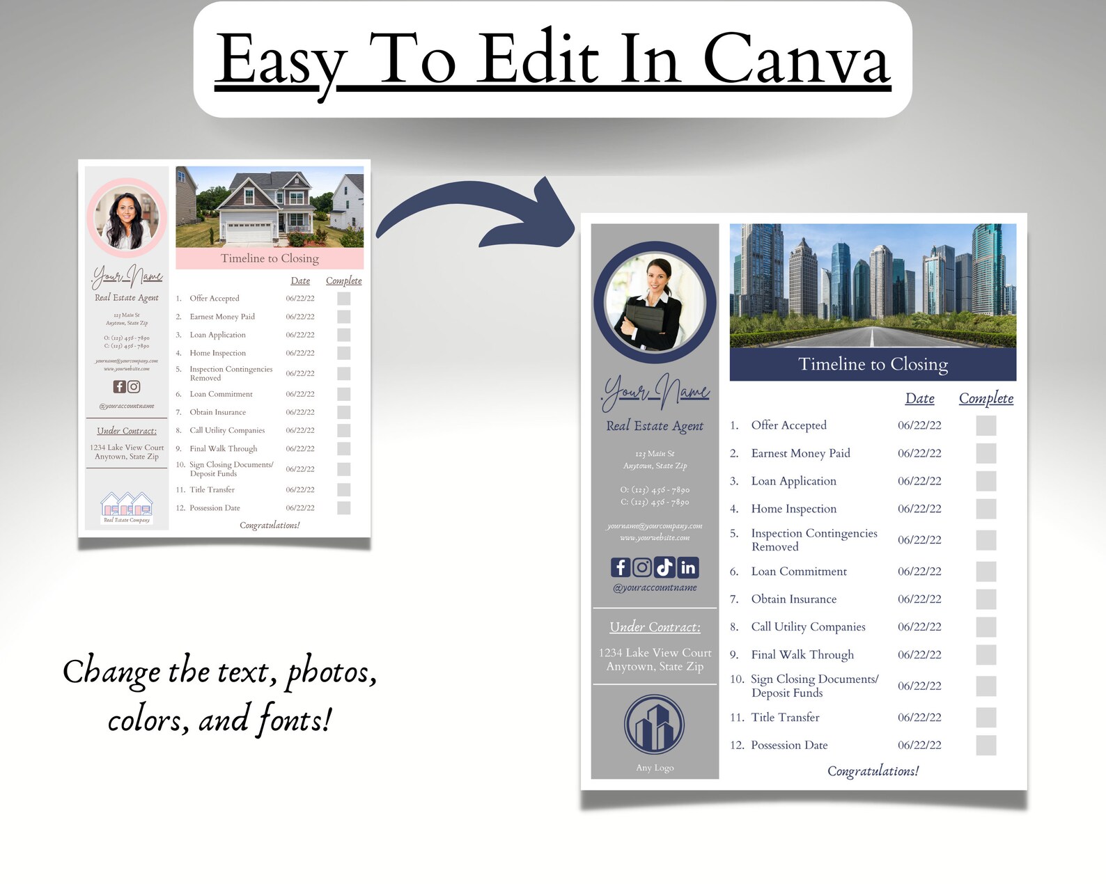 Real Estate Closing Timeline, Contact Information Sheet, Marketing for