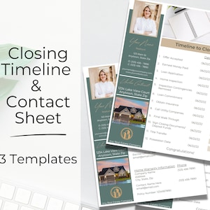 Sluitingstijdlijn onroerend goed, contactinformatieblad, marketing voor agenten, onder contract, afdrukbare makelaarssjablonen, Canva