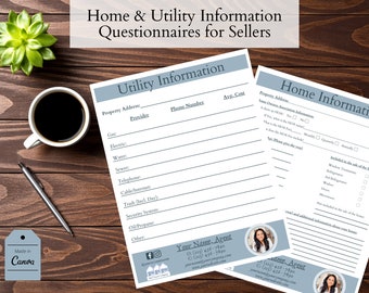 May include: A printable home and utility information questionnaire for sellers. The questionnaire includes sections for property address, provider, phone number, average cost, and additional information about the home. The document is designed to be used by real estate agents.
