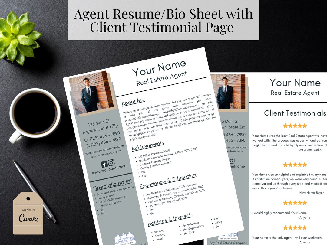 Real Estate Resume, Client Testimonial, Realtor Bio, Downloadable ...