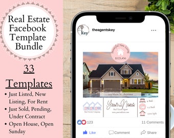 Real Estate Facebook Template Bundle Just Listed, For Sale, Open House, Just Sold, Edit in Canva, Realtor Marketing Social Media for Agents