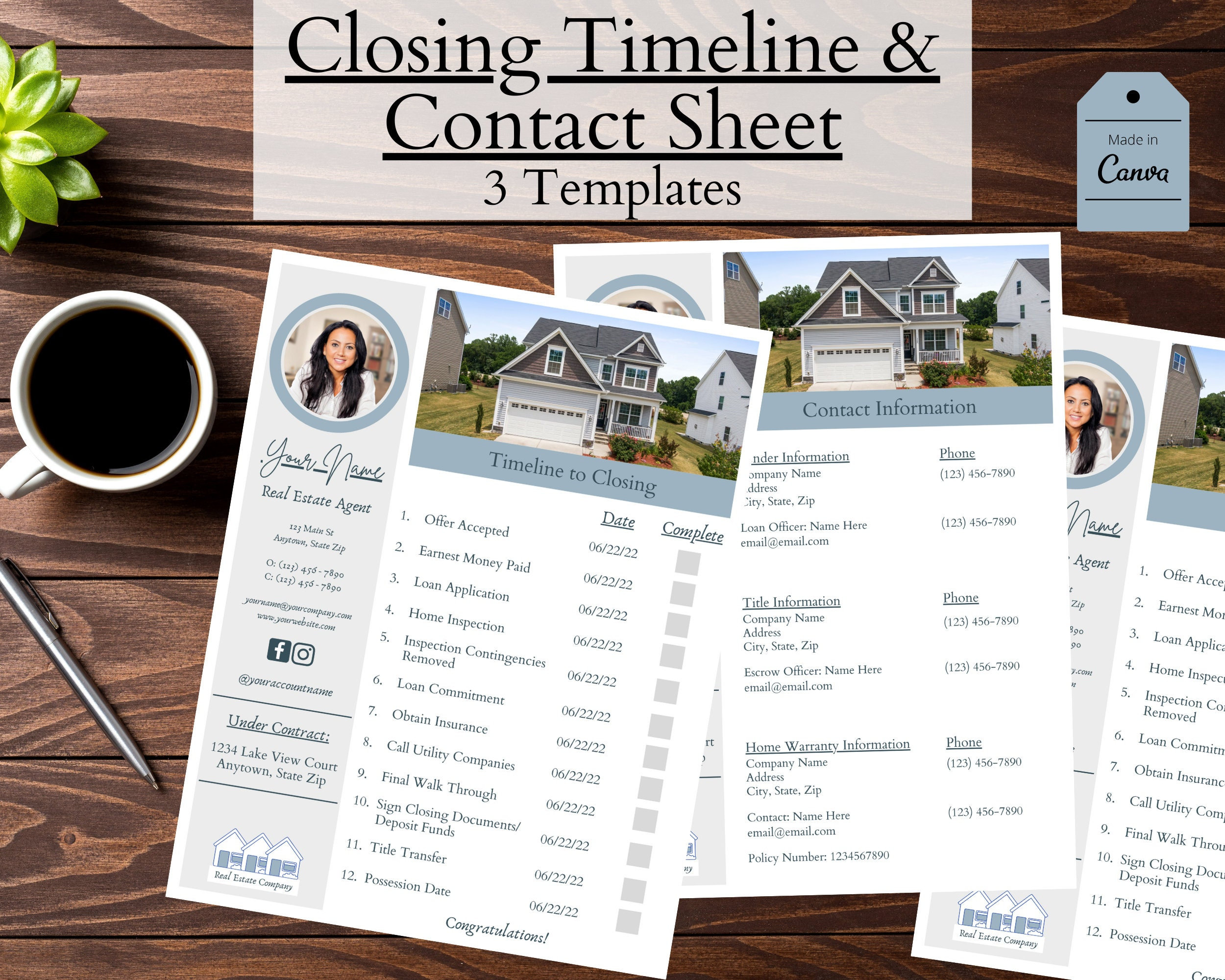 Real Estate Closing Timeline, Contact Information Sheet, Marketing for