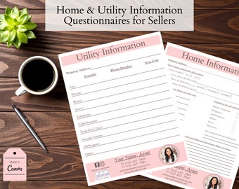 Real Estate Home, Utility Questionnaires for Home Sellers, Digital Downloadable Templates, Edit In Canva, Marketing for Realtors