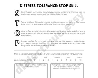 distress tolerance stop skill handout and worksheet etsy canada