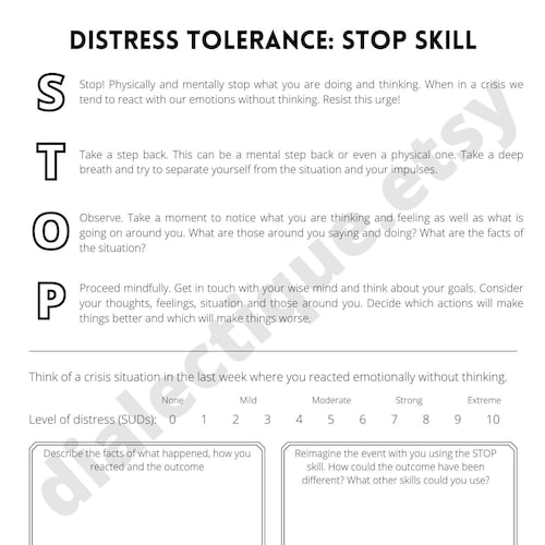 Distress Tolerance: Stop Skill Handout and Worksheet Etsy Canada