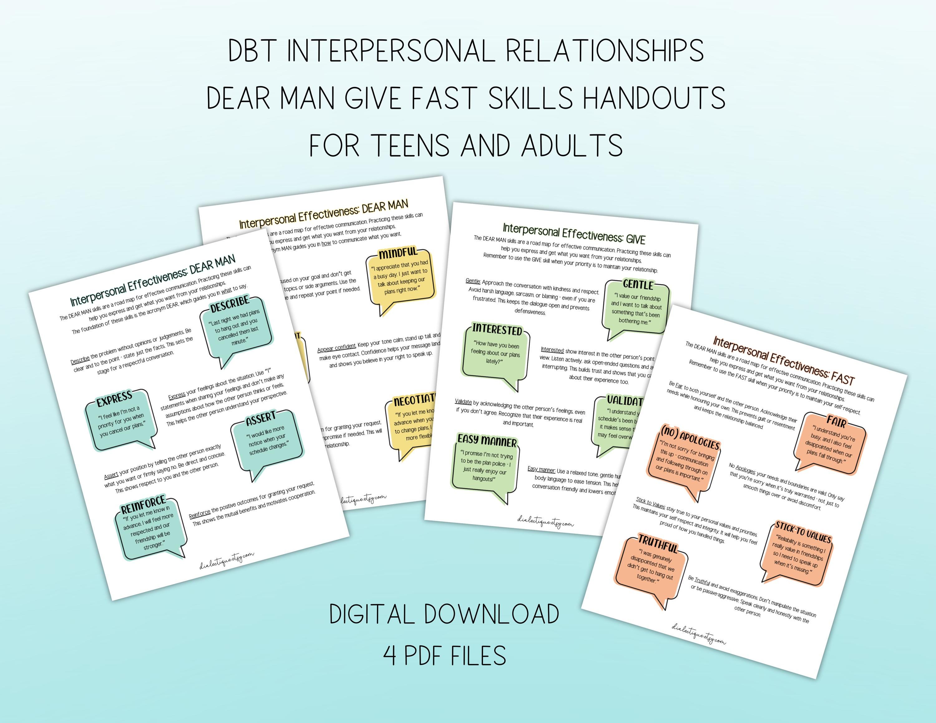 Fast Skill Worksheet DBT Skills Handout - Interpersonal Effectiveness - Dear Man Give Fast ...