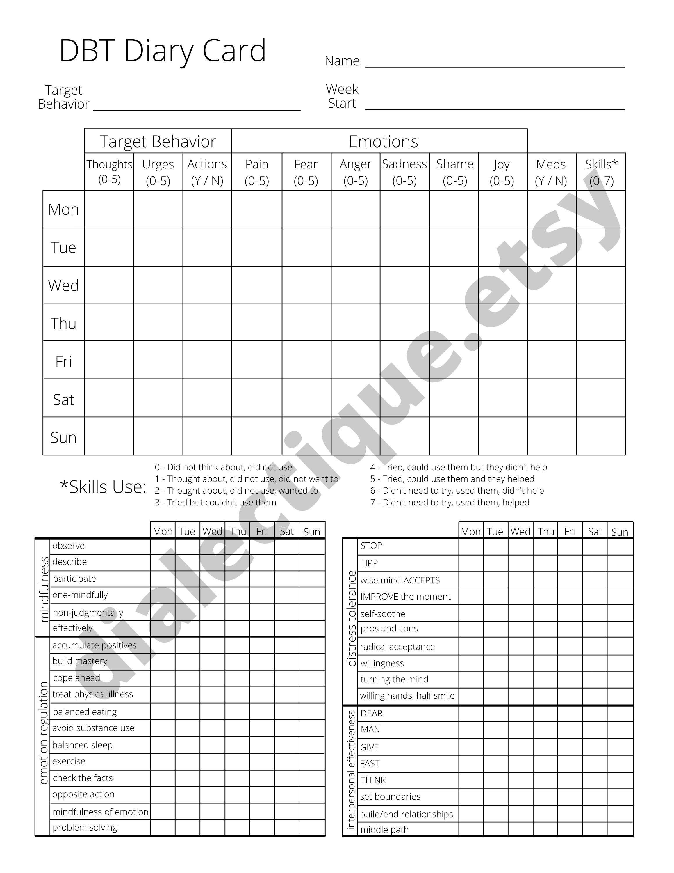 DBT Diary Card, Skills Tracking, Therapy Worksheet - Etsy