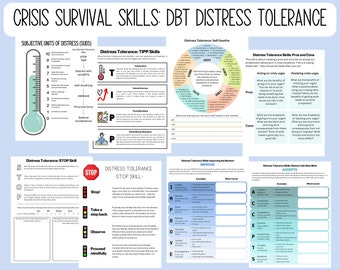 May include: A colorful infographic with the title "Crisis Survival Skills: DBT Distress Tolerance". The infographic includes a thermometer, a circle diagram, and several tables with information about distress tolerance skills. The skills include: TIPP, STOP, ACCEPTS, IMPROVE, and Pros and Cons.