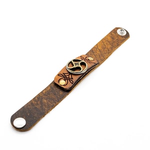 Laser Engraved Leather with Brown Pull-up Leather Strap, Steampunk Celtic Spiral Concho, Engraved Celtic Accent Bracelet