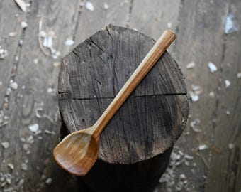 Hand Carved Birch Cooking Spoon / Half Moon Heartwood / Flat Tipped 12"